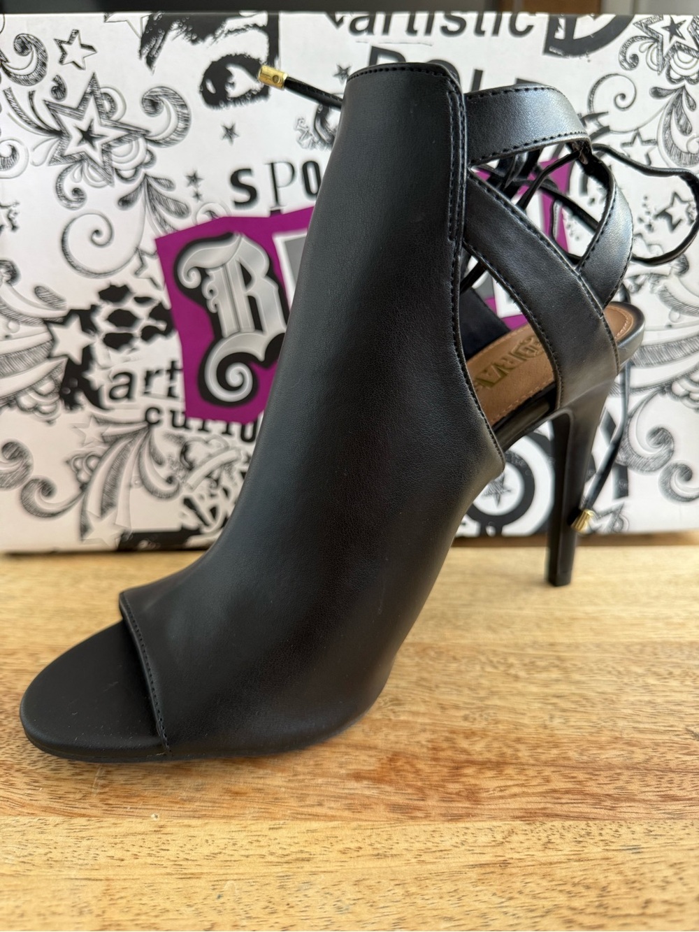 Brash Black Lace-Up Peep Toe Heel Booties with Gold Accents